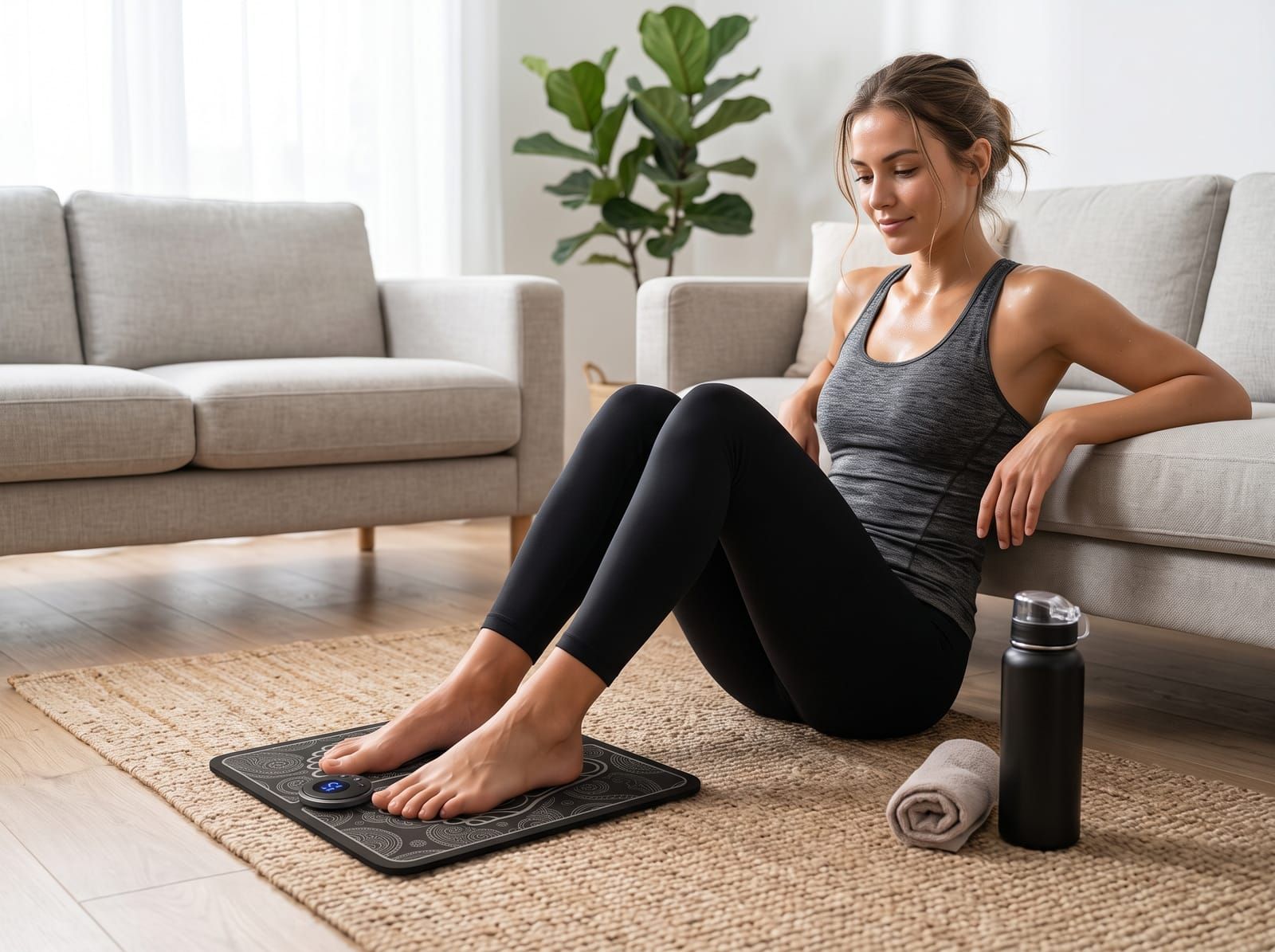 Persona fit en ropa deportiva con los pies sobre la alfombrilla EMS despues de entrenar